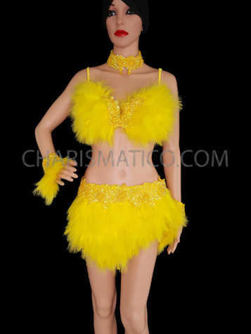 Sensuous Yellow Feather Bra And Bright Feathered Short Skirt