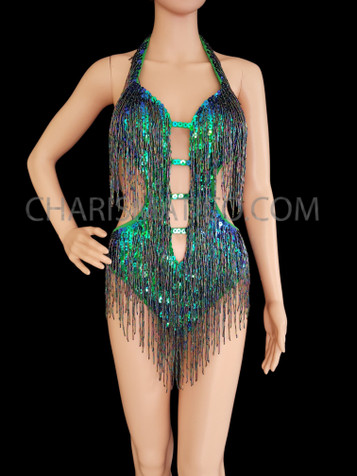 Green Fringe Showgirl Leotard With Sequins And Beads
