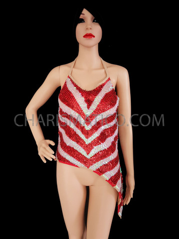 Sexy Diva Showgirl Metallic Red  Iridescent White Sequined Top Clearance  Us 10-16