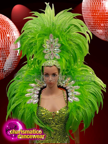 Dramatic Neon Green Multi Layered Feather Headdress With Collar