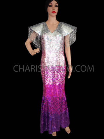 Pageant V-Neck,  Gradient Pink Purple Silver Sequin Full Length Gown