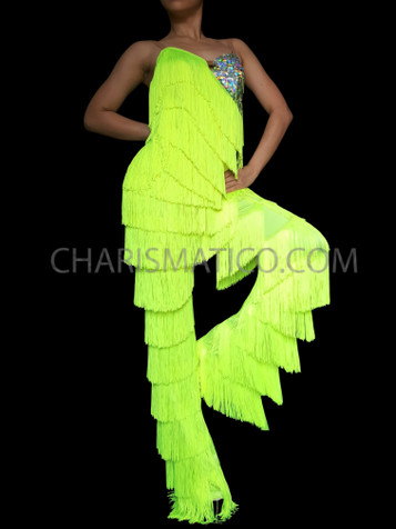 Neon Yellow Stunning, Salsa Dance Fringe Pants With Silver Sequins