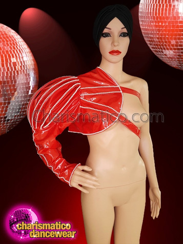 Red Shiny Asymmetrical Jacket With The Work Of Beads And Adjustable Straps