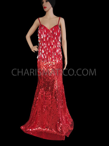 Pageant Queen's Stunning Red Color Teardrop Sequin Gown