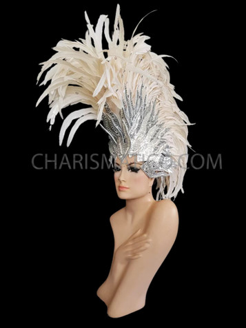 Diva White Feather Mohawk Headdress With Silver Crown