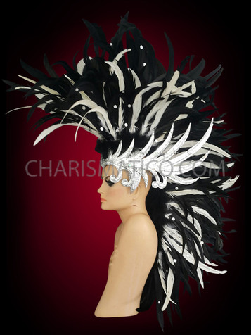 Black And White Feather Mohawk Headdress With Silver Crown