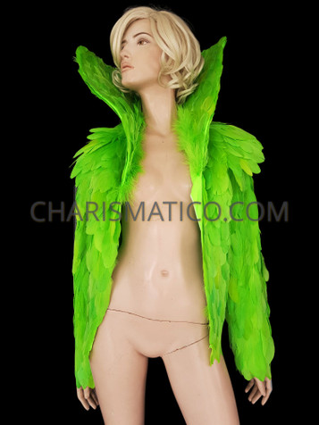 Parrot Green Unique High Collar Feather Jacket