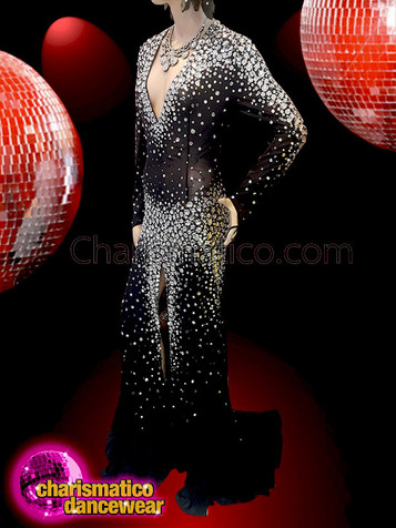 Black Rhinestone Embellished Full Sleeves Showtime Suit