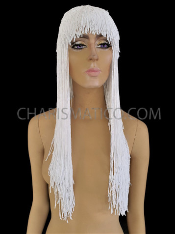 White Beaded Fringe Drag Queen Cher-Inspired Wig