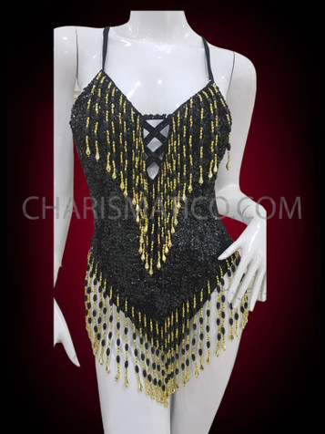 Halter Style Black Sequin Leotard With Gold Beaded Fringe