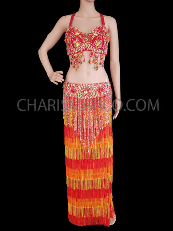 Orange And Red Sequin  Belly Dancing Bra belt Skirt