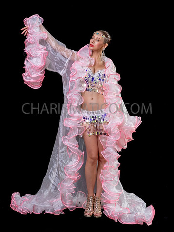 Transparent White Boa Full Length Coat With Dark Ping Ruffles And Pink Border