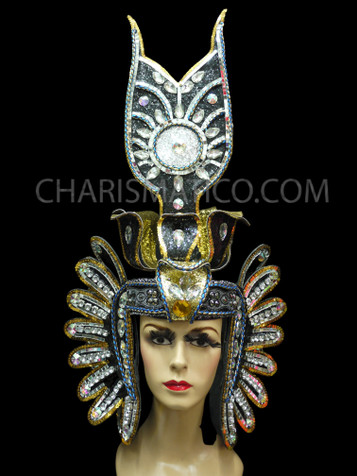 Exotic Egyptian Bejewel Black Gold Pharaoh Style Baphomet Headdress