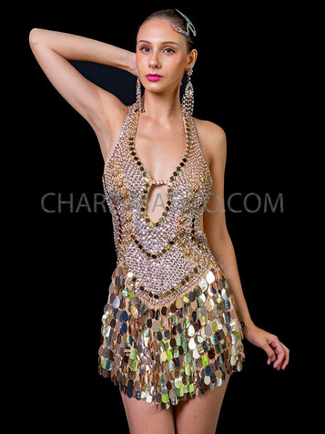 Gold dance Crystal Sequin Halter Dress