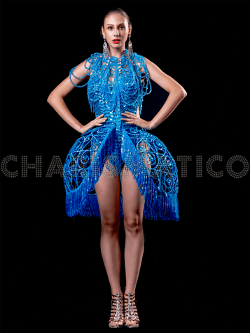 Blue Sequin Leotard and Crystallised Cage Skirt Set