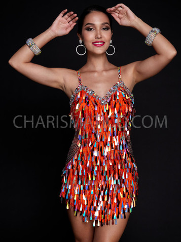 Orange Silver Sequin Dress With Beaded Side Cutouts