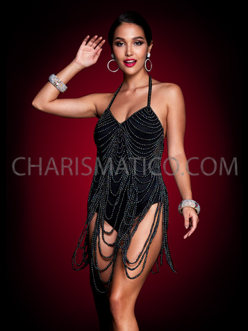 Burlesque Halter Style Black Leotard Accented with Black Pearl Drapes