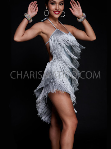 Halter Style Silverish Gray Fringe Latin and Salsa Dance Dress