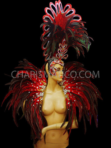 Bejeweled Black Red Feathered Cabaret Drag Headdress And Collar Set