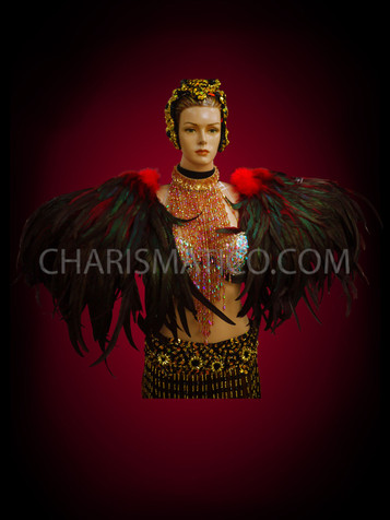 Exotic Mix And Match Red Accented Drag Queen Raven Feather Collar