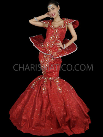 Crystallized Floral Mermaid Gown with Hip  and Shoulder Fan Accents