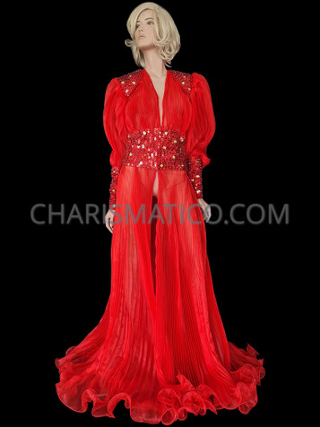 Regal Sexy Pleated Organza Red Drag Queen Coat With Sequins