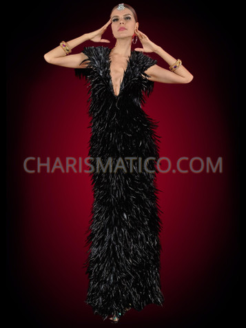 Femme Fatale Black Feather Low V-Neck Gown