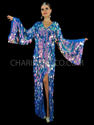 Full Length Iridescent Blue Diamond Shaped Sequin Pageant Gown