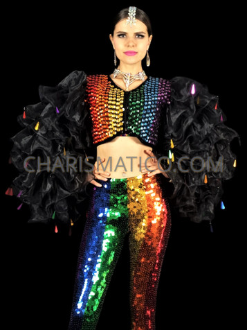 Black Ruffled Organza Sleeved Rainbow Pride Crystallized Sequin Jacket