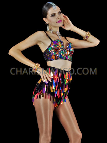 Latin Dance Inspired Pink Fabulous Fringe Pants With Rainbow Sequin Trim