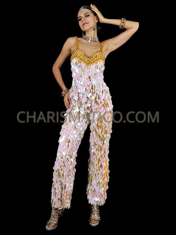 Pearlescent Elegant White Diamond Shaped Sequin Salsa Dance Catsuit