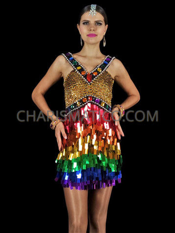 Elaborate V Neck Rainbow Pride LGBT Sequin Dance Dress