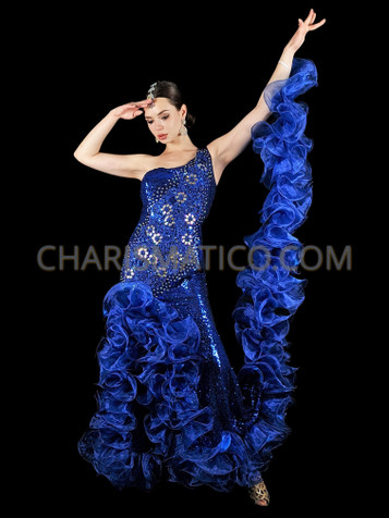 Royal Blue Sequin Gown With Ruffle Organza Boa