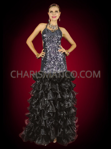 Sumptuous Black Sequin Mermaid Gown With Organza Pillow Ruffled Skirt