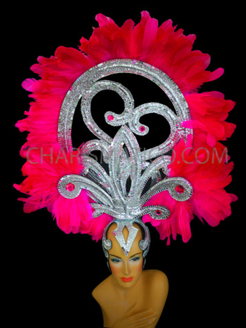 Exotic Gemstone Silver Swirl Fuchsia Feather Diva cabaret Headdress