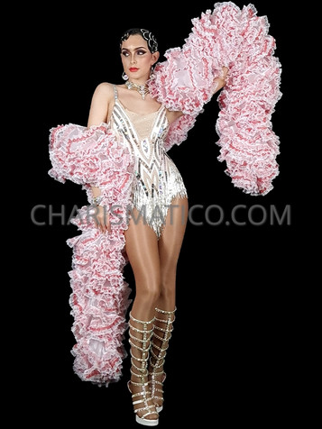 Fancy White Organza Ruffle Boa with Intricate Red Lace Trim