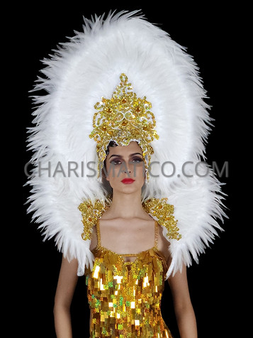 White and Golden Feather Showgirl Headdress and Backpack Set