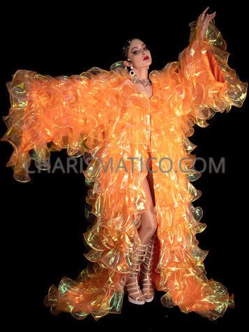Mystic Iridescent Orange Ruffle Organza Layered  Drag Coat