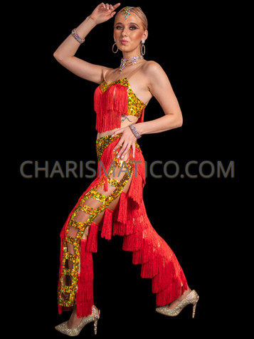 Neon Latin Dance Asymmetric Fringe One-Leg Jumpsuit Pants