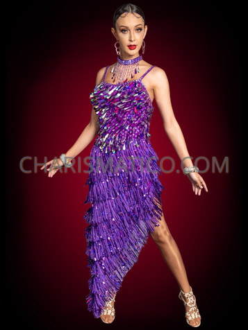 Lavender Latin Dance Dress with Rhinestone Decoration and Fringe