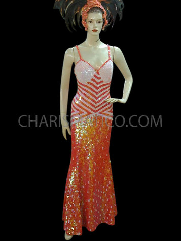 Floor-Length Orange And White Sequined Drag Queen Curve Enhancing Gown