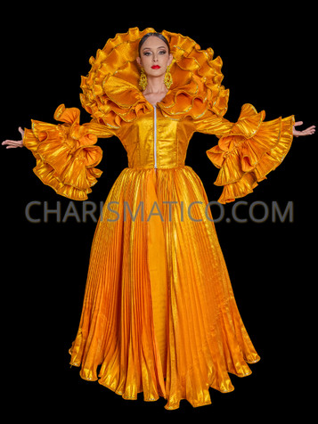Gold Victorian Marie Antoinette Drag Ball Gown with  Ruffle Collar