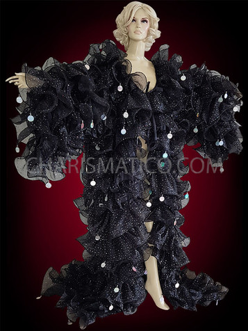 Black Glitter Organza Drag Queen Ruffle Coat