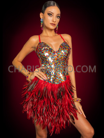 Red Glittering Glamour Feather Dress 