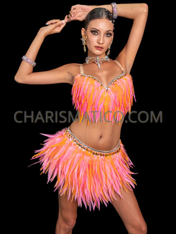 Pink Sunset Samba Feather Bra and Skirt Set