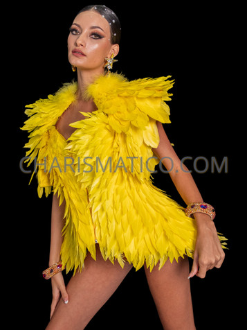 Yellow Feather Swan Showgirl Flare Corset & Jacket Set