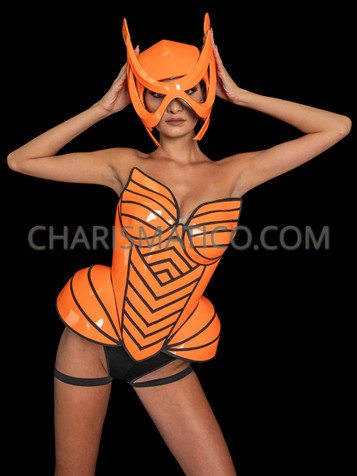 Neon Orange Futuristic Steampunk Sci-fi Bustier Corset & Helmet Set