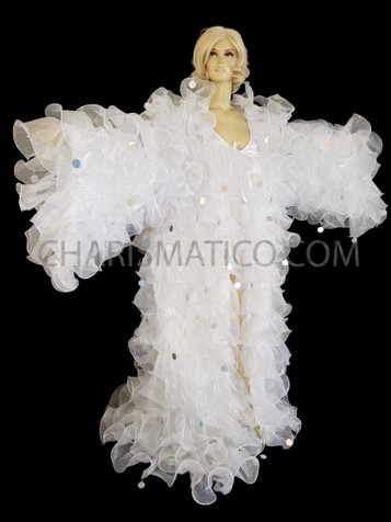 White Glitter Organza Drag Queen Ruffle Coat