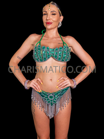 Mystic Emerald Crystal Samba Carnival Cage Bra & Thong Set