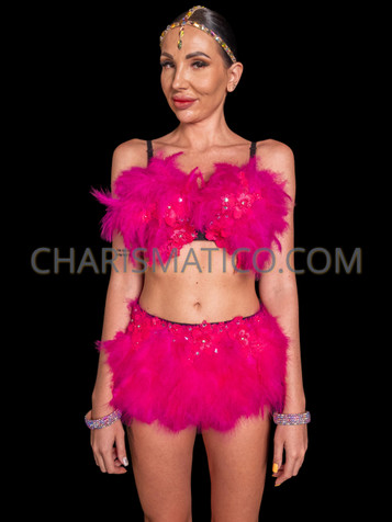 Fuchsia Feather Fluffy Samba Carnival Bra & Skirt